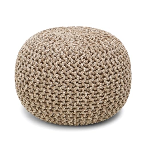 REDEARTH Round Pouf Ottoman - Hand Knitted Cable Boho Poof Home Décor Pouffe Circular Footrest for Living Room - Nursery - Bedroom - Lounge 100% Cotton (19.5"x19.5"x14") - Beige Ivory
