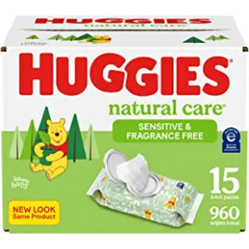 Sensitive Baby Wipes, Huggies Natural Care Baby Diaper Wipes, Unscented, Hypoallergenic, 99% Purified Water, 15 Flip-Top Packs (960 Wipes Total) - NEW 15 Flip-Top Packs