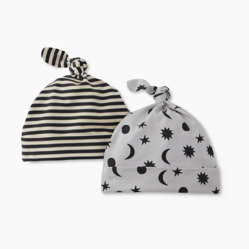 Hanna Andersson 2-Pack Baby Layette Top Knot Beanie in HannaSoft™ - Stars And Moon Tonal On Grey, 0-3 Months