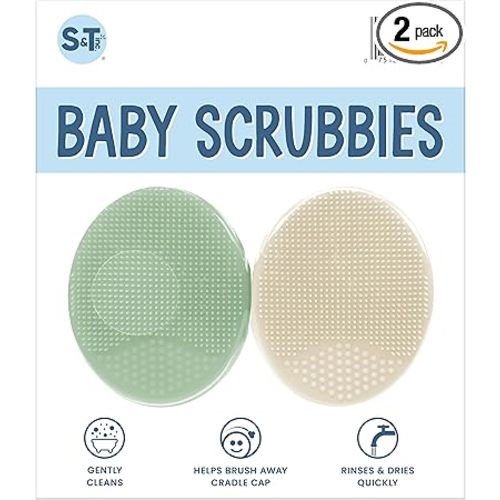 S&T INC. Exfoliating and Massaging Cradle Cap Bath Brushes for Baby, Silicone - 2 Inch x 2.5 Inch, Sage Green & Cream, 2 Pack