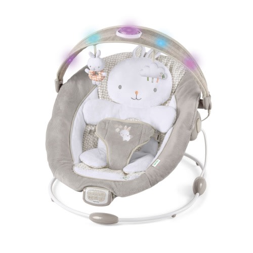 InLighten by Ingenuity Twinkle Tails Vibrating Bouncer Seat for Newborns with Lightning Toy Bar and Pillow
