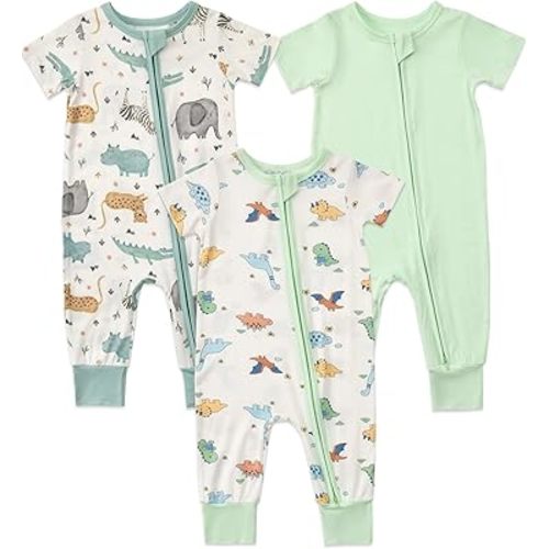 Aablexema Baby Short Sleeve Footless Romper 3-Pack Rayon of Bamboo 2 Way Zipper One Piece Pajamas Jumpsuits for Boys Girls