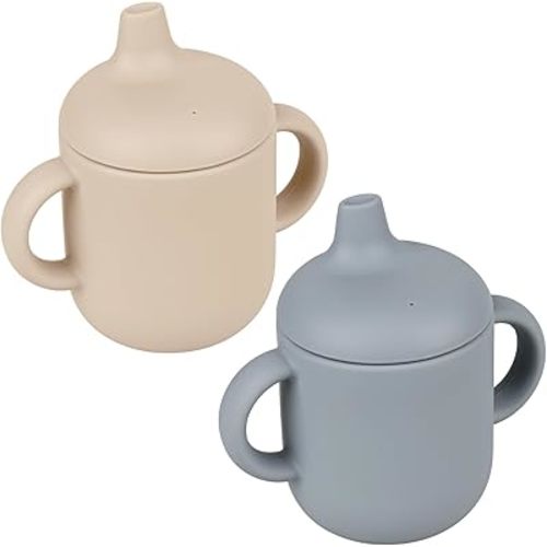 Silicone Baby Drinking Cups, Silicone Sippy Cups for 6-12 Months Toddlers - Pack of 2 Food Grade Silicone Traning Cups with Straws and Lids Grip Handle for Baby Led Weaning, 6 oz (Sand/Ether)