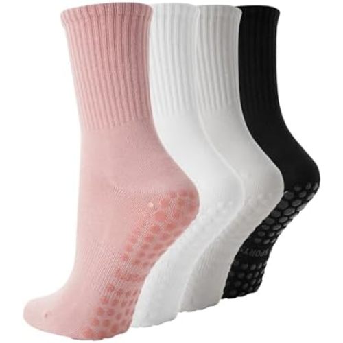 4 Pairs Pilates Socks with Grips for Women, Non Slip Yoga Athletic Ballet Barre Dance Workout Crew Socks