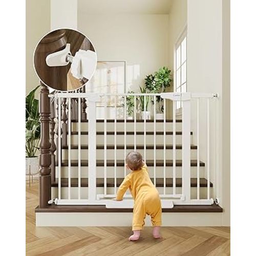 Cumbor 29.7-46" Baby Gate for Stairs, Mom's Choice Awards Winner-Auto Close Dog Gate for the House, Easy Install Pressure Mounted Pet Gates for Doorways, Easy Walk Thru Wide Safety Gate for Dog, White