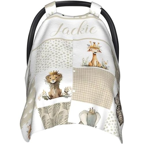 Personalized Baby Car Seat Canopy for Babies with Name, Custom Car Seat Covers for Boys Girls, Crown Animals Nursing Breastfeeding Stroller Cover Infant Carseat Canopies for Newborn