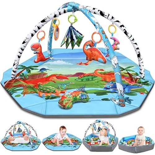 Baby Gym Play Mat, 26-in-1 Tummy Time Mat Dinosaur Baby Play Mat, Washable Baby Activity Mat for Visual, Hearing, Sensory, Motor Development, Baby Gift for Newborn Infant 0-3-6-9-12 Months