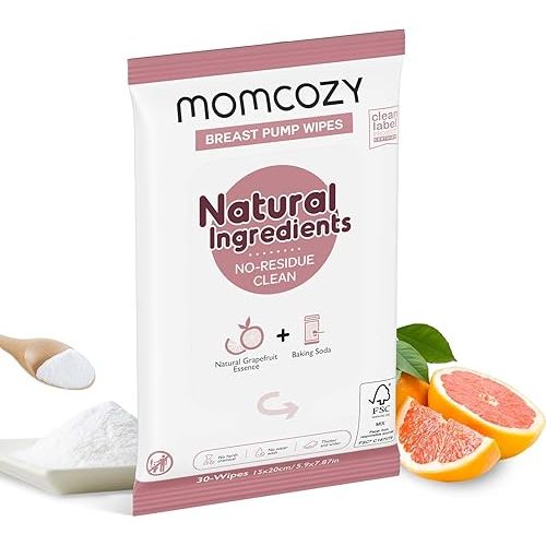 Momcozy Natural Breast Pump Wipes for Parts Cleaning On-the-go, 30 Count, Flash Clean & Resealable
