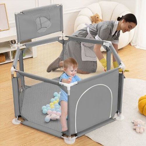 GOTGELIF 50"x50" 6-Panel Baby Playpen Foldable Playard with Basketball Hoop Blue