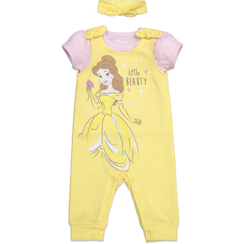 Disney Princess Belle French Terry Romper T-Shirt and Headband 3 Piece Outfit Set Newborn to Infant