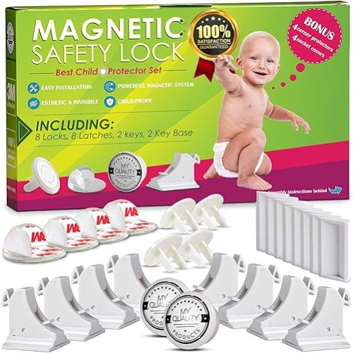 Invisible Magnetic Cabinet Locks Child Safety Kit, Secure Kitchen & Bedroom Cabinets. Cupboards with Baby Proofing Cabinets Door & Drawer Locks for Kids & Toddlers. Keys & 3M Adhesive Straps. (8)