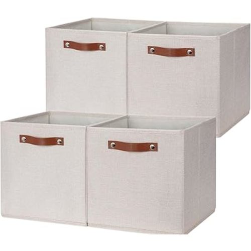 HNZIGE 12 Inches Storage Bins for Organizing,4PCS Fabric Bins Closet Cubes Storage Baskets for Shelves with Leather Handles(Gream)