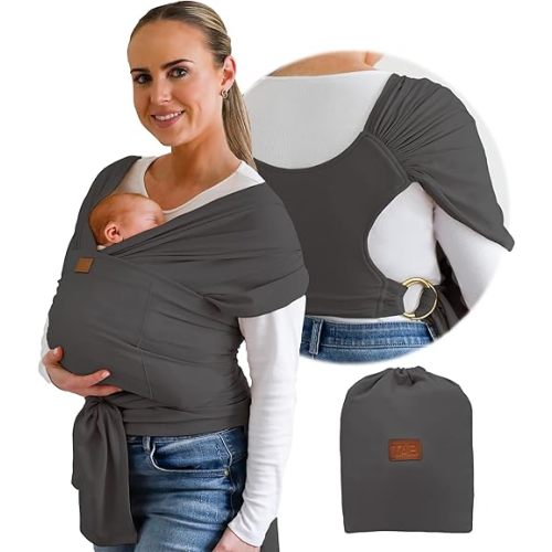 Stylish Dark Gray & Gold Baby Carrier Wrap: Comfortable, Soft & Supportive, Adjustable Ring Sling for Mom & Dad, Ideal for Baby Registry, Newborn to Toddler, Baby Shower