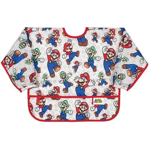 Bumkins Bibs, Baby and Toddler Girls and Boys 6-24 Months, Long Sleeve, Essential Must Have for Eating, Feeding, Mess Saving Lightweight Waterproof Fabric Sleeved Smock, Nintendo Mario and Luigi