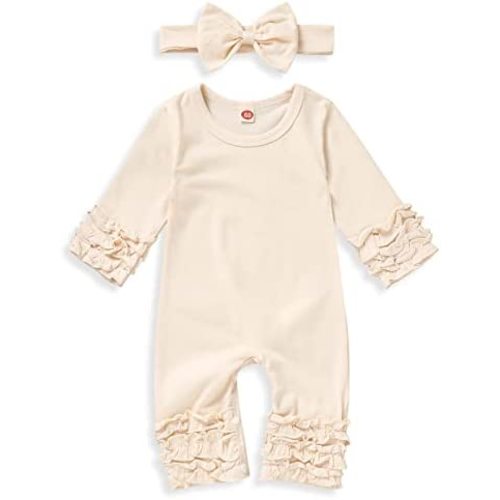 GRNSHTS Newborn Baby Girls Ruffle Romper Solid Long Sleeve Jumpsuit One-Piece Coming Home Clothes With Headband