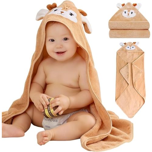 Hooded Baby Towel, Ultra Soft & Absorbent Fleece Baby Bath Towel with Hood, Cozy and Gentle for Newborns, Infants & Toddlers, Perfect for Boys & Girls (Brown Deer)