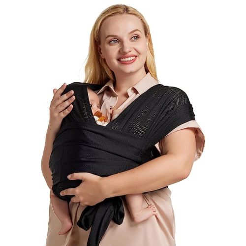 Momcozy Adjustable Buckle Baby Wrap Carrier Cooling Air-Mesh, Easy to Wear Baby Carrier Sling, Baby Carriers Newborn to Toddler 8-35lbs, Suit for Waist 27-47inch, Regular Black