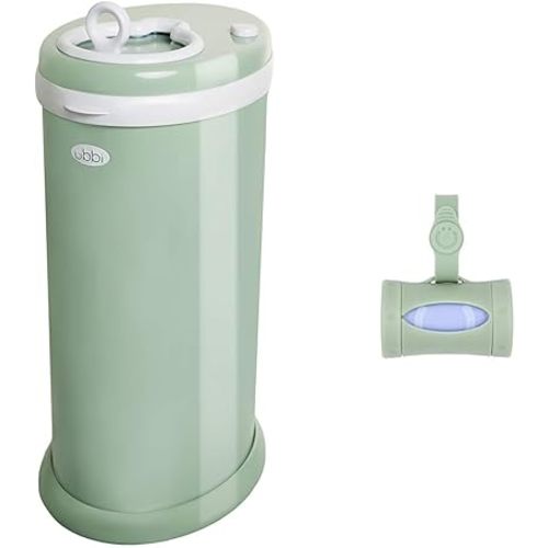 Ubbi Steel Diaper Pail & On-The-Go Diaper Bag Dispenser for Travel with Lavender-Scented Bags Baby Registry Must-Have Bundle, Sage Green