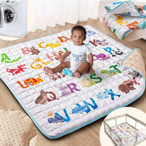 Baby Play Mat, 50x50 Playpen Mat with Super Soft Touch, Activity Mats with Upgraded Anti-Slip Bottom, Machine Washable Crawling Mats for Floor & Picnic (Animal Alphabets)