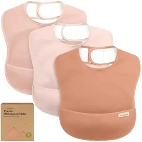 KeaBabies 3-Pack Waterproof Baby Bibs for Eating - Lightweight Toddler Feeding Bibs with Large Food Catcher, Mess Proof, Food-Grade Baby Eating Essentials, Easy to Put On & Clean (Fawn)