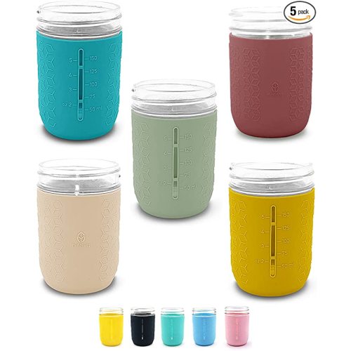 Silicone Mason Jar Sleeve, Kids Cup Holder 5 Pack Value Combo Anti-slip protection - Fits 8oz REGULAR mouth Jelly Canning, Ball and Kerr Jars (Gender Neutral Combo)
