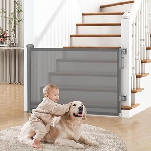 Retractable Baby Gate for Stairs, 55" Wide Mesh Dog Gate Indoor, 34'' Tall Child Gate for Doorways, Hallways, Deck, Indoor Outdoor Pet Baby Safety Essentials for Home, Grey