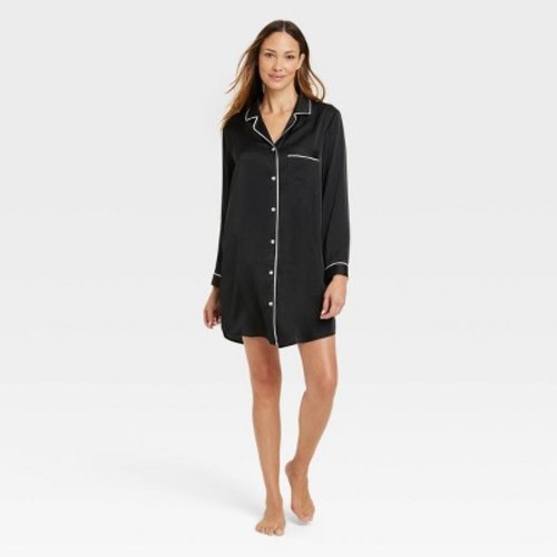 Women's Satin Notch Collar Pajama Dress - Stars Above™, Color: Black, Size: L