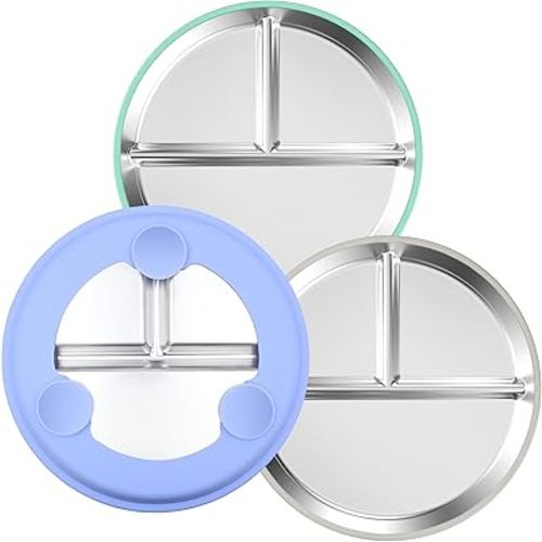 3-Pack Stainless Steel Baby Plates with Suction, BPA-Free Stainless Steel Kids Plates, 9” Divided Toddler Plate for Dishwasher Safe, Non-Slip Silicone Base, Detachable Design (Blue, Gray, Green)