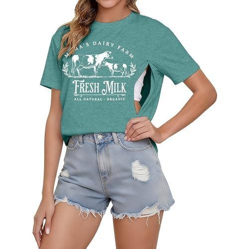 Comfort Breastfeeding Shirts for Women Zip Nursing Tops Causal Distressed Acid Washed Maternity Tees