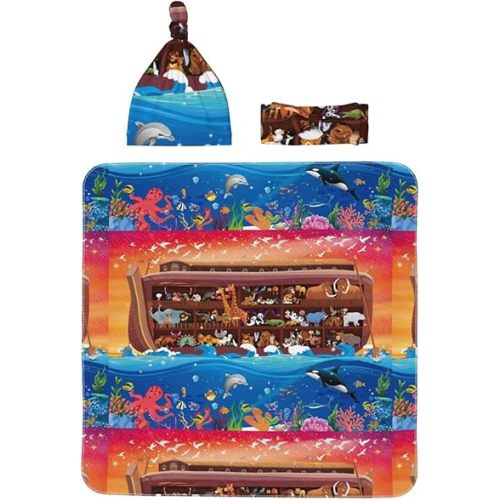 Animals On Noah's Ark for Baby Girl Newborn Receiving Blanket 3 PCS Baby Boy Swaddle Set with Matching Headband and Beanie