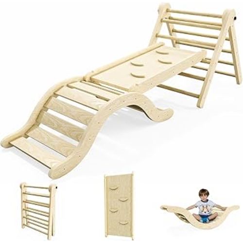 Beech Pikler Triangle Set Climber 5 in 1, Toddler Climbing Toys Indoor Folding with 41in Ramp & 43in Arch & Mat for Montessori Play Gym for Toddlers and Kids 1-7
