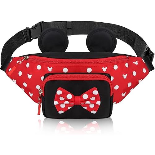 Cute Fanny Pack for Girls Kids Travel Waist Pack Bowknot Polka Dot Mini Mouse Fanny Packs Teen Girls Cartoon Belt Bag Hiking Bum Bags Outdoor Waist Bag with Mouse Ears