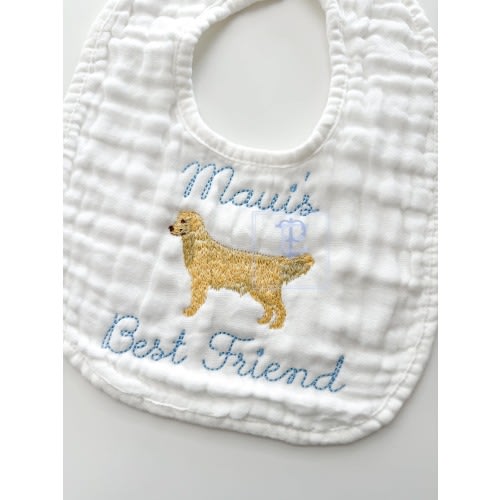 Embroidered Golden Retriever Dog Puppy Baby Bib and matching Burp Cloth | Personalized Monogram Muslin Cotton Gift