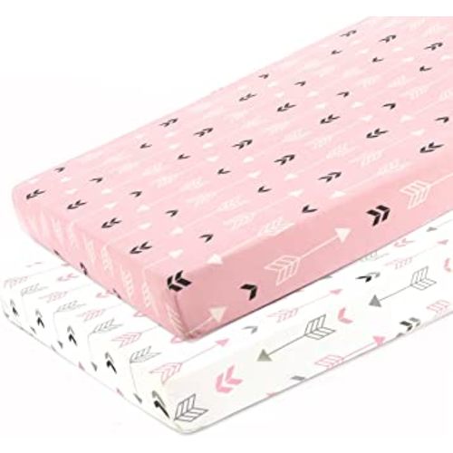 Stretchy Fitted Pack n Play Playard Sheet Set BROLEX 2 Pack Portable Mini Crib Sheets,Convertible Playard Mattress Cover,Ultra Soft Material,Pink & White Arrow Design