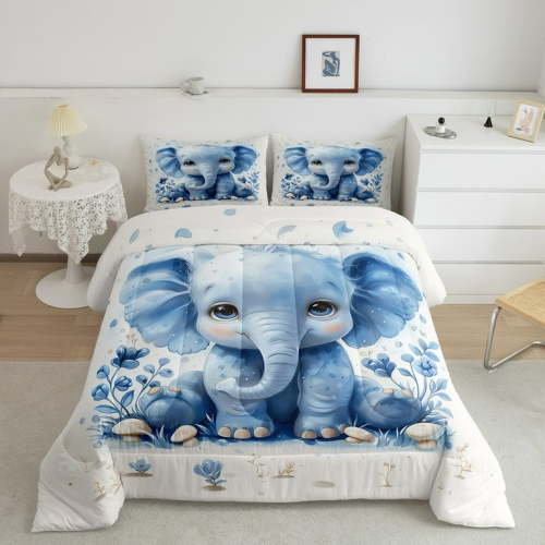YST Cute Elephant Bedding Full Size for Kids Boys Girls, Fungus Mushroom Comforter Set Animal Theme Duvet Insert, Woodland Wildlife Down Comforter Beige Blue Bedding Comforter Sets