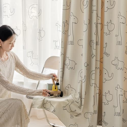 Cartoon Animals Pattern Blackout Curtains for Kids Bedroom Living Room Grommet Top Beige Kids Bedroom Curtain for Boys Girls Bay Window Nursery Room Window Treatments 1 Panel (W78 L102 inch,Beige)