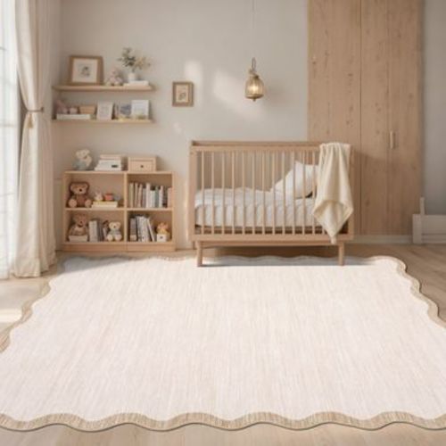Modern Washable Scalloped Rug with Non Slip Backing, Neutral Farmhouse Soft Low Pile Carpet, Ultra Thin Non Shedding Floor Covering for Living Room