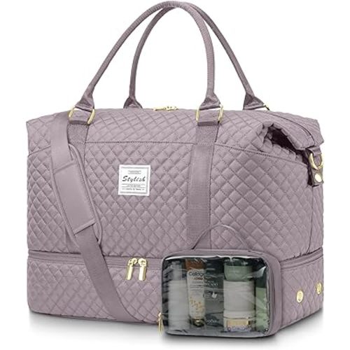 Women Weekender Travel Duffle Bag: Travel Duffel Overnight Bags with Shoe Compartment Carry on Tote Bags Toiletry Bag Weekend Yoga Gym Hospital Bags for Labor and Delivery with Wet Pocket Purple Grey