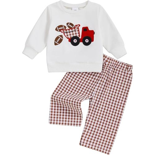Football Baby Boy Clothes Toddler Football Outfit Long Sleeve Sweatshirt Plaid Pants Cute Fall Winter Outfits