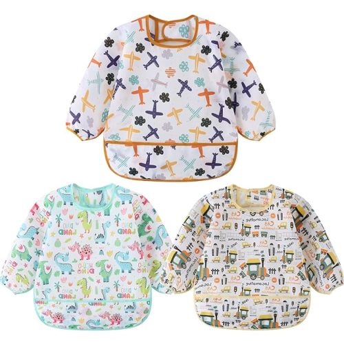 3 Pcs Waterproof Long Sleeves Baby Bibs Weaning Smock Bib 3-24 Months - Dinosaur/Train/Plane