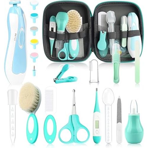 Baby Grooming Kit, Electric Safety Nail Trimmer Baby Nursery Kit,Infant Safety Care Set with Hair Brush Comb Nail Clipper Nasal Aspirator,Baby Essentials Kit for Newborn Girls Boys (20 Pc Green Kit)