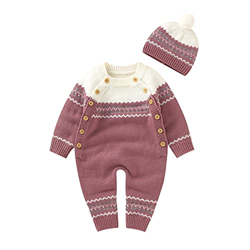 MarryLee Baby Knitted Sweater Romper - Thick Warm Winter Bodysuit Jumpsuit Playsuit with Knit Beanies Hats Set for Boys