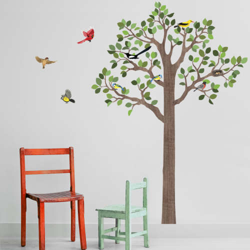 Large Woodland 7FT Tree Wall Decals, Bird Wall Decals Optional, Eco-Friendly Fabric Woodland Wall Decals