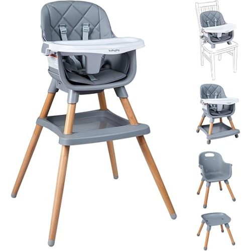 BABY JOY 8-in-1 High Chair, Convertible Wooden Highchairs for Babies and Toddlers | Dining Booster Seat | Toddler Stool, Double Removable Tray, 5-Point Safety Harness & Waterproof PU Cushion (Gray)