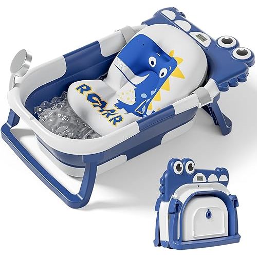 TPN Collapsible Baby Bathtub, Baby Bath Tub with Soft Cushion & Real-Time Thermometer, Baby Bathtub Infant to Toddler Tub (0-36 Months), Portable Travel Baby Tubs for Newborns (Navy Blue)