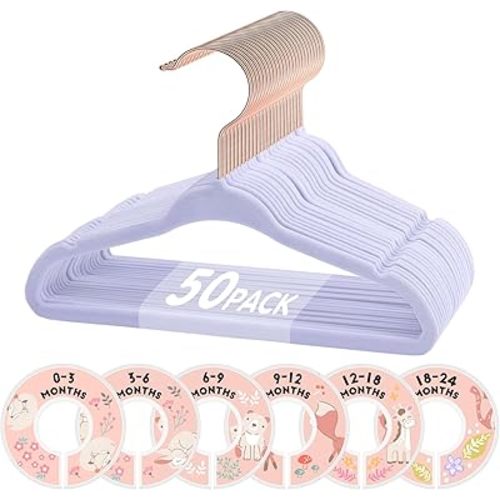 Baby Hangers, VIS'V 11 Inch Lavender Velvet Kids Hangers with 6 Pcs Size Dividers Non Slip Nursery Children Closet Clothes Hangers for Infant Toddler Girls and Boys 50 Pcs