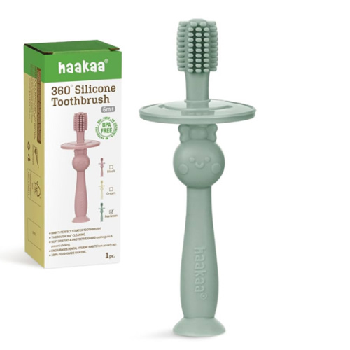 haakaa 360° Baby Toothbrush with Suction Base - Gentle Cleaning for Infant Self-Brushing Training, Food-Grade Silicone, Adjustable Safety Shield - Pea Green (1 Piece)