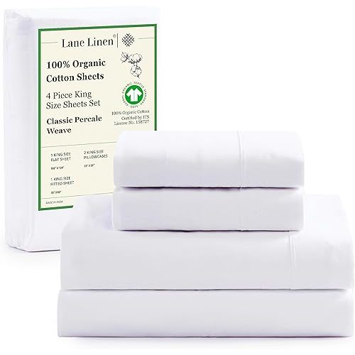 LANE LINEN 100% Organic Cotton King Size Sheets Set, 4Pc King Sheets, Soft Breathable Sheets King Size, Percale Weave, Hotel-Quality King Bed Sheets, 15" Deep Pocket King Sheet Set - White Bed Sheets