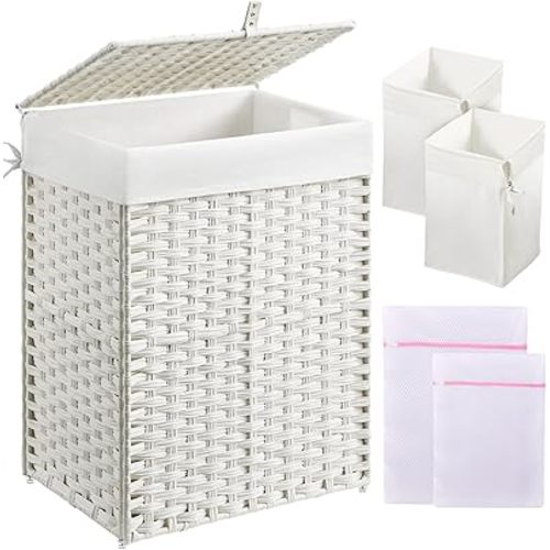 Greenstell Laundry Hamper with Lid, 90L Clothes Hamper with 2 Removable Liner Bags & 2 Mesh Laundry Bags, Handwoven Synthetic Rattan Laundry Basket for Clothes, Toys in Bathroom, Bedroom White