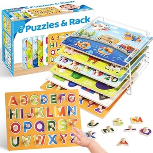 Wooden Puzzles for Toddlers 1-3, 6 Pack Peg Puzzles with Wire Puzzle Holder Rack for Kids, Learning Educational Puzzles for Baby Puzzles 12-18 Months, Alphabet Number Animal Vehicle Montessori Toys